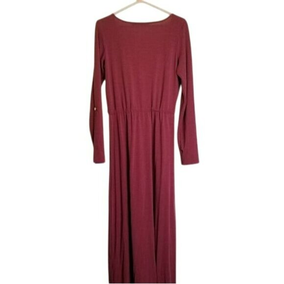 Long Sleeve‎ Burgundy Maxi Dress By Ambernoon L Thumb Holes Beachy UPF Coastal - Picture 2 of 10